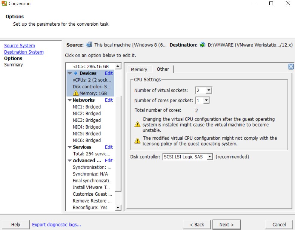 controllare configurazione macchina virtuale